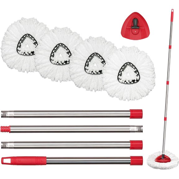 O-Cedar Spin Mop Replacement Head Set with Base and 30" to 58" Handle, Combo Set Includes 4 Pack Mop Refills