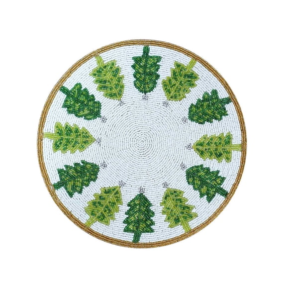 O Christmas Tree Bead Embroidered PlacematColor: White, Green & GoldSize: 13.5" RoundSet of 2