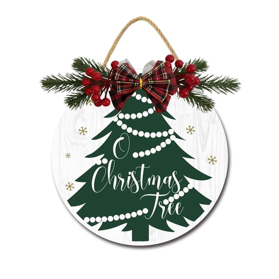 O Christmas Tree Sign Front for Door Decoration, 12" Round Wood Wreaths Wall Hanging Outdoor, Farmhouse, Porch, for Spring Summer Fall All Seasons Holiday Christmas