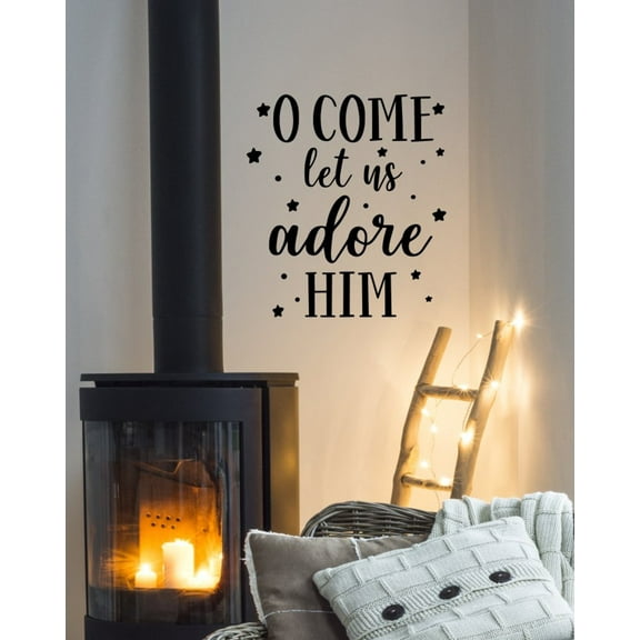 O Come Let Us Adore Him Christmas Quotes Wall Decor - Holiday Vinyl Wall Art Decal - Winter Quote Decals for Walls - Christmas Art Sticker for Kitchen Living Room Office, 20.6x23-Inch, Black