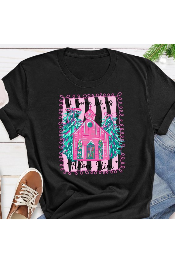 O Come Let Us Adore Him Christmas Shirt Red Christian Tee Faith Based Holiday TShirt Relig