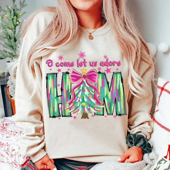 O Come Let Us Adore Him Sweatshirt, Colorful Glitter Christmas Tree, Christian Holiday Shirt, Jesus Christmas Outfit, Coquette Style