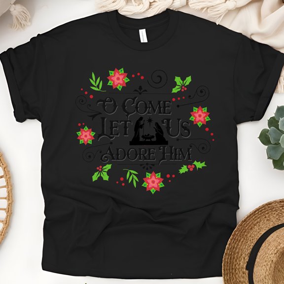 O Come Let Us Adore Him T-Shirt, Christian Nativity Scene Christmas Tee, Black, Size XL