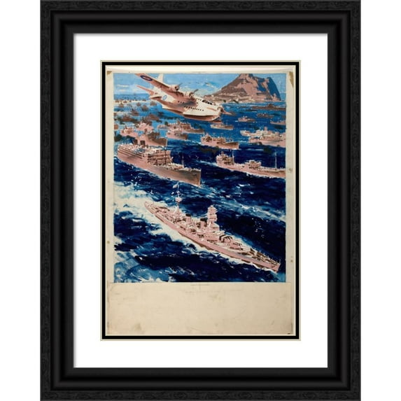 O'Connell 11x14 Black Ornate Wood Framed Double Matted Museum Art Print Titled: Convoy Passing Gibraltar (Between 1939 and 1946)