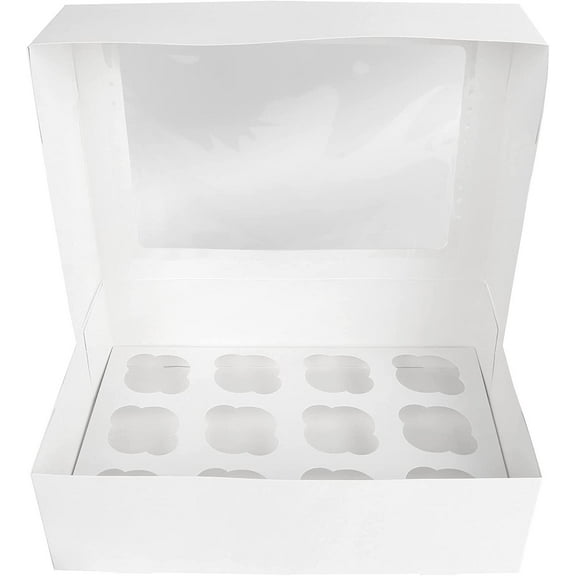 O'Creme 14 Inch x 10 Inch x 4 Inch High Rectangular Cupcake Box All White with Clear Window and Insert for 12 Cupcakes - Pack of 5