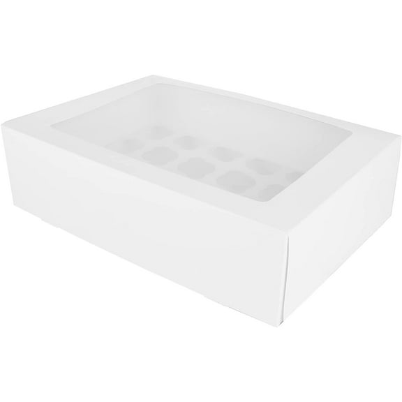 O'Creme 14 Inch x 10 Inch x 4 Inch High Rectangular Cupcake Box All White with Clear Window and Insert for 24 Mini Cupcakes - Pack of 5