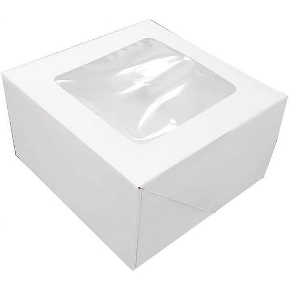 O'Creme 8 Inch x 8 Inch x 5 Inch High Square Cake Box All White with Clear Window - Pack of 5