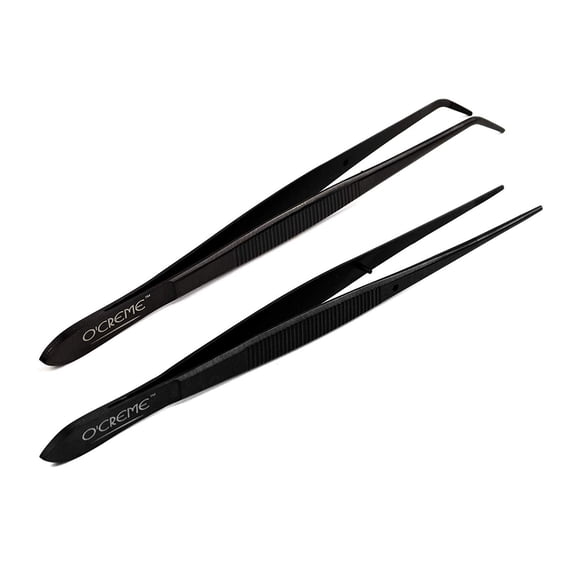 O'Creme Black Stainless Steel Precision Kitchen Culinary Fine-Tip Tweezer Tongs, 1 with Curved Tip and 1 with Straight Tip