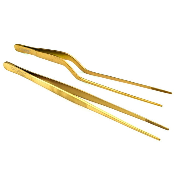 O'Creme Culinary Stainless Steel Tweezer Tongs Set of 2 - One 10 Inch Straight and One 8 Inch Offset Gold Color