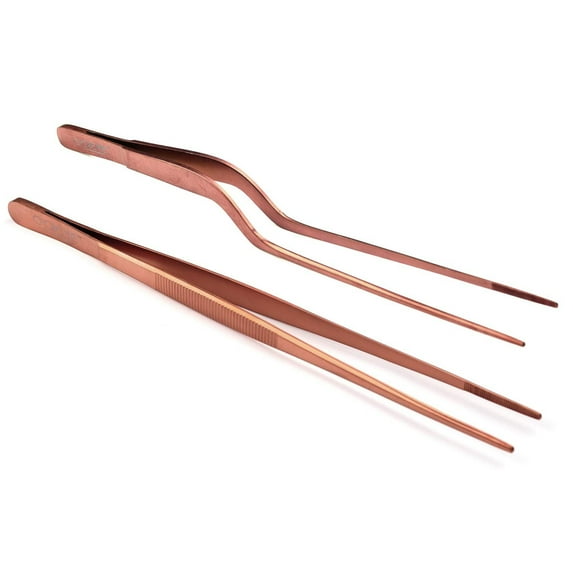 O'Creme Culinary Stainless Steel Tweezer Tongs Set of 2 - One 10 Inch Straight and One 8 Inch Offset Rose Gold Color