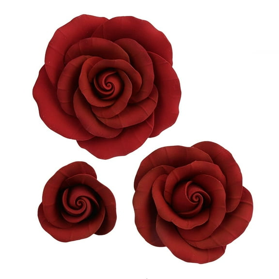 O'Creme Deep Red Gumpaste Rose, 3 Different Sizes