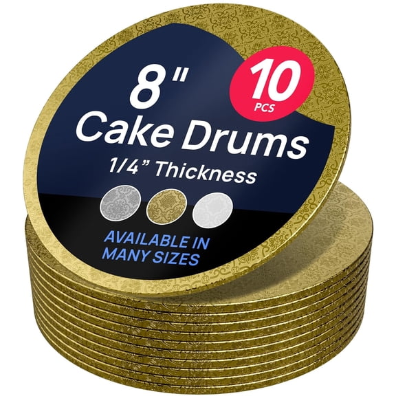 O'Creme 8" Gold Cake Drum Board, Pack of 10, 1/4" Thick Foil-Wrapped Round Base for Cake Decorating Practice and Bakery Supplies