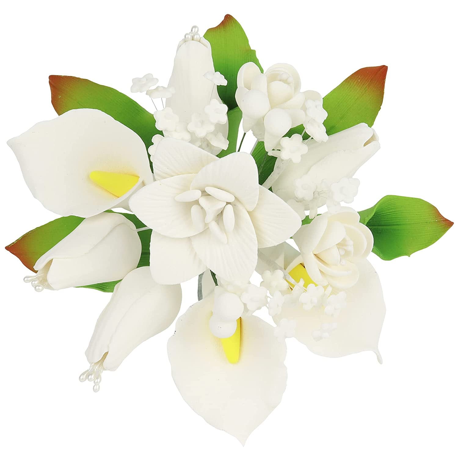 O'Creme Gumpaste Edible Flower Spray for Cake Decorating, White Calla Lily & Dahlia - Sugar Paste Flower Decoration for Cakes, Candy, Cupcake Toppers - Birthday, Wedding, Valentines Day, Baby Shower