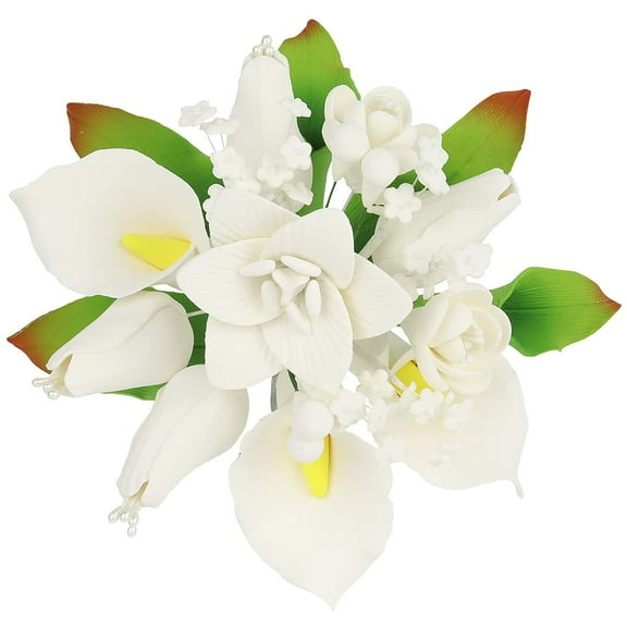O'Creme Gumpaste Edible Flower Spray for Cake Decorating, White Calla Lily & Dahlia - Sugar Paste Flower Decoration for Cakes, Candy, Cupcake Toppers - Birthday, Wedding, Valentines Day, Baby Shower
