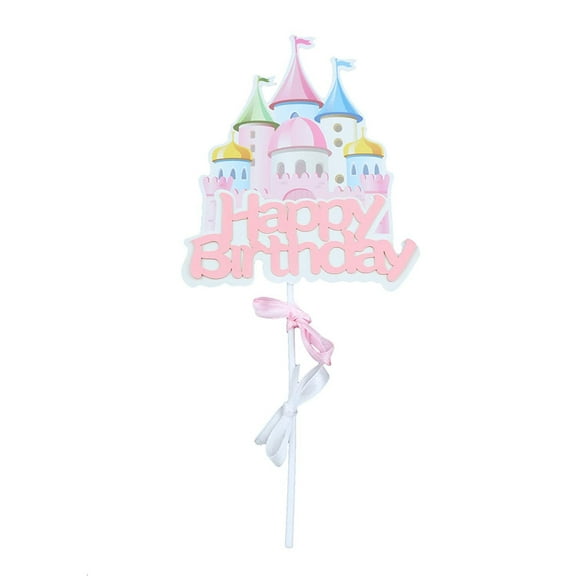 O'Creme Happy-Birthday-Castle Cake Topper with Separate Stick and Bows Untied