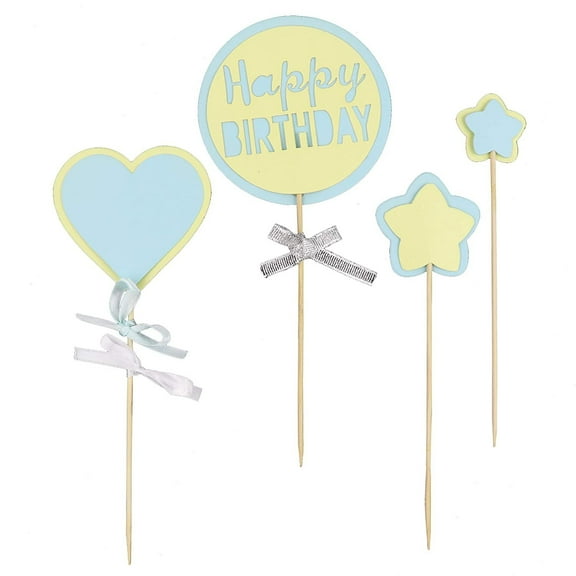 O'Creme Happy Birthday Circle Cake Topper with Heart and Stars in Blue and Yellow