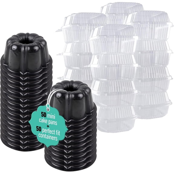 O'Creme Mini Bundt Dessert Pan and Container Set, 50 Pack, Reusable Nonstick Bakeware with Clear Snap-On Lids