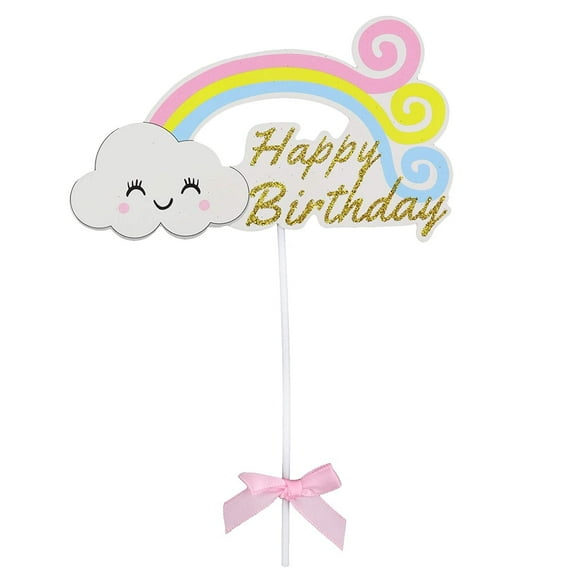 O'Creme Mirror-Gold-Colored Rainbow Happy Birthday Cake Topper with Separate Ribbon Bow and Plastic Stick
