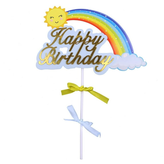 O'Creme Mirror-Gold-Colored Rainbow Happy Birthday Cake Topper with Separate Ribbon Bow and Plastic Stick