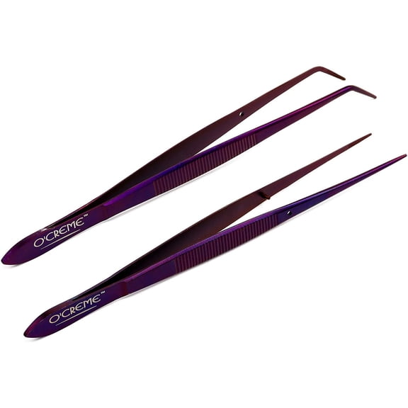 O'Creme Purple Stainless Steel Precision Kitchen Culinary Fine-Tip Tweezer Tongs, 1 with Curved Tip and 1 with Straight Tip