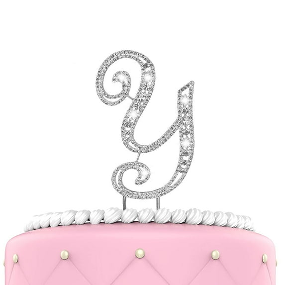O'Creme Rhinestone Cake Topper - 4-Inch, Silver-Colored Letters for Wedding, Birthday, and Personalized Cakes - Sparkly Metal Alphabet Bling Decoration for Monograms, Initials, and Names - Letter Y