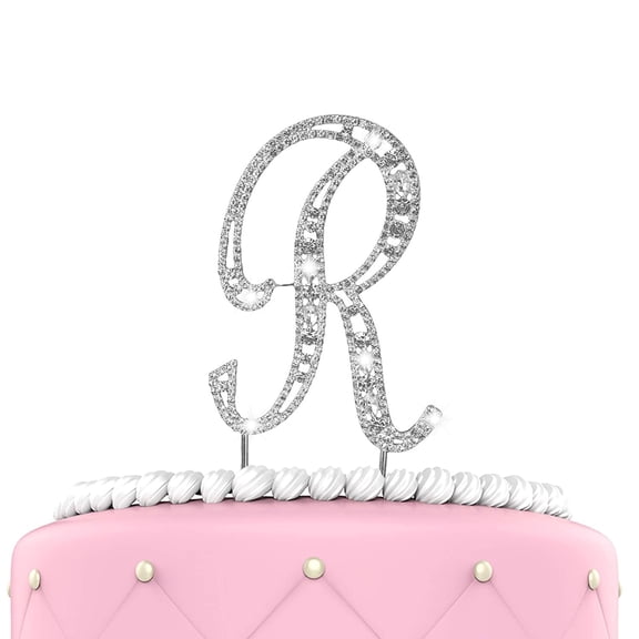 O'Creme Rhinestone Cake Topper - 4-Inch, Silver-Colored Letters for Wedding, Birthday, and Personalized Cakes - Sparkly Metal Alphabet Bling Decoration for Monograms, Initials, and Names - Letter R