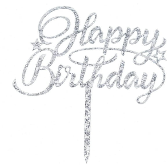 O'Creme Script-Happy-Birthday-with-Stars Cake Topper, Silver