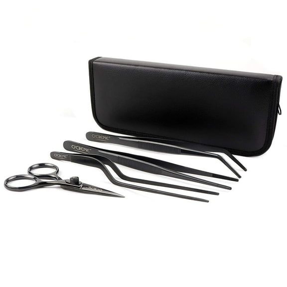 O'Creme Set of Culinary Tweezer Tongs 8 Inch Straight, 8 Inch Offset and 8 Inch Curved, Plus Super Sharp Chef Scissors, Total 4 Pieces Black