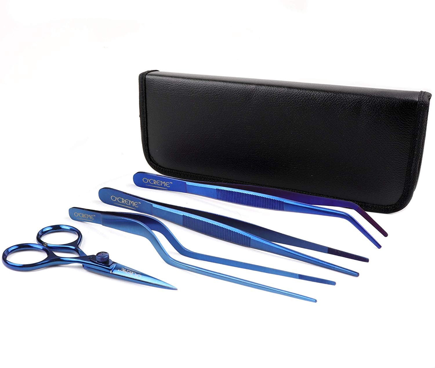 O'Creme Set of Culinary Tweezer Tongs 8 Inch Straight, 8 Inch Offset and 8 Inch Curved, Plus Super Sharp Chef Scissors, Total 4 Pieces Blue