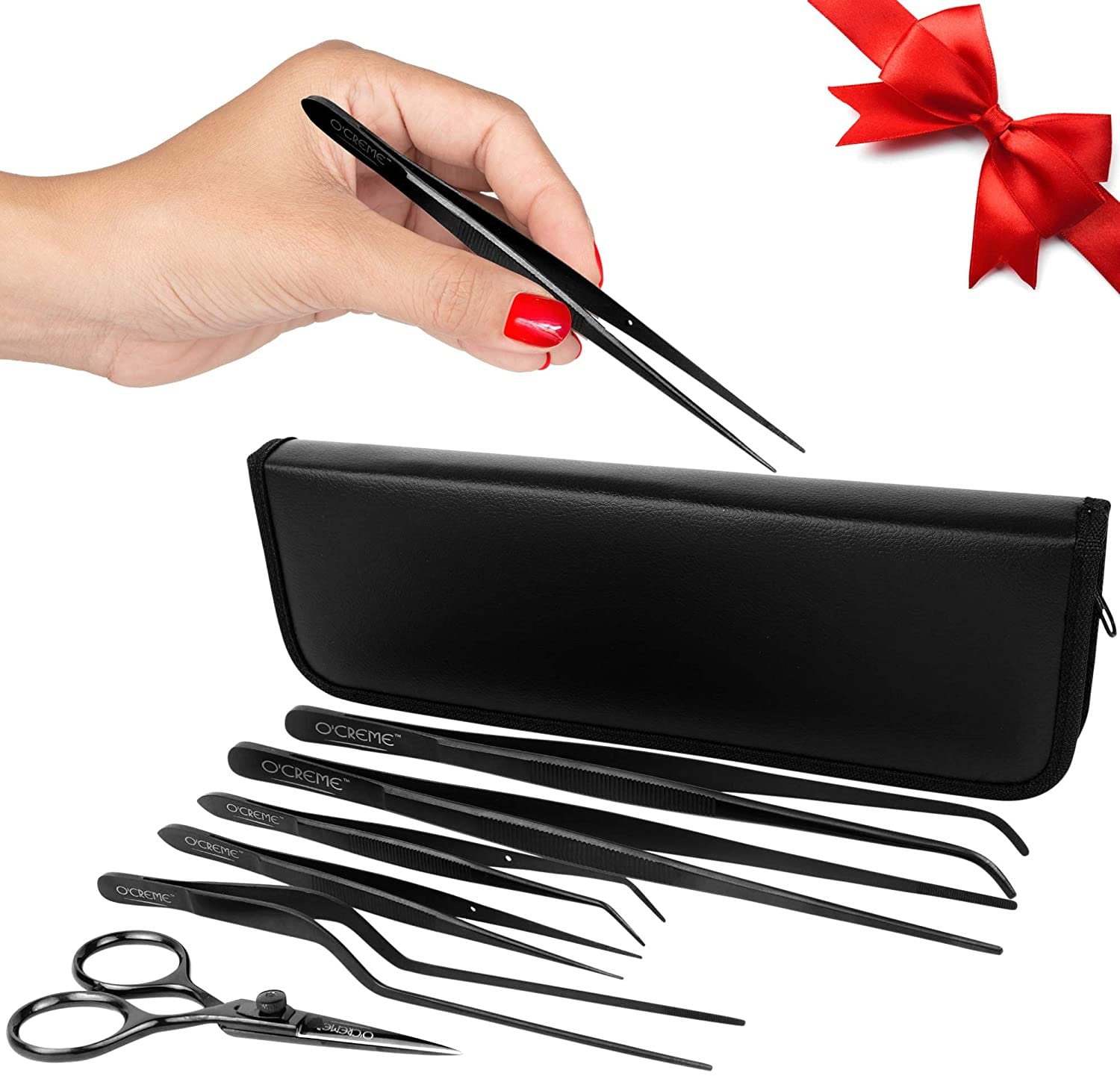 O'Creme Set of Culinary Tweezer Tongs Offset, Straight and Curved, Plus Super Sharp Chef Scissors, Total 6 Pieces Black