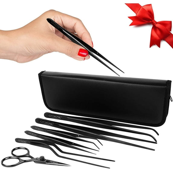 O'Creme Set of Culinary Tweezer Tongs Offset, Straight and Curved, Plus Super Sharp Chef Scissors, Total 6 Pieces Blue