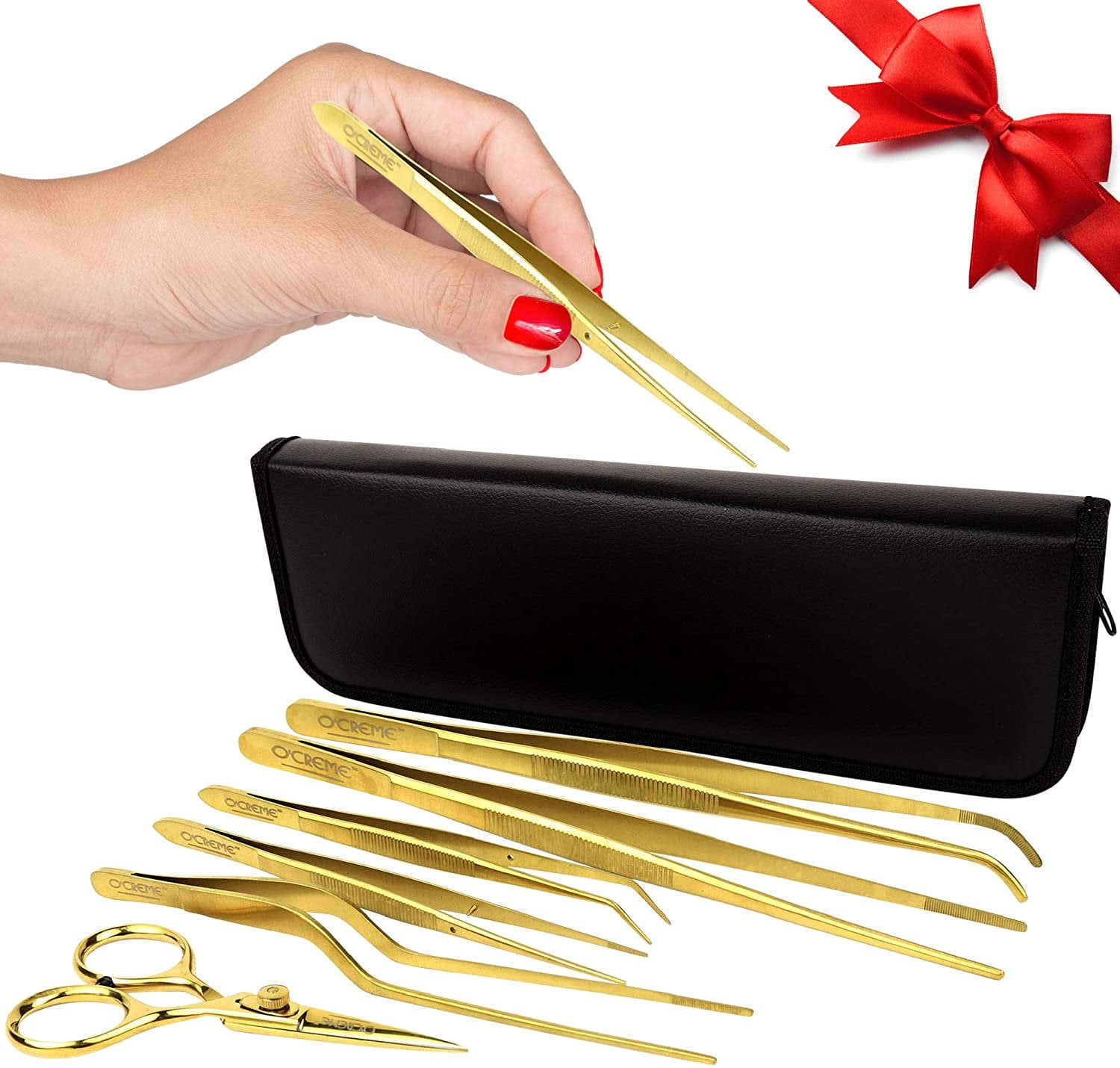 O'Creme Set of Culinary Tweezer Tongs Offset, Straight and Curved, Plus Super Sharp Chef Scissors, Total 6 Pieces Gold