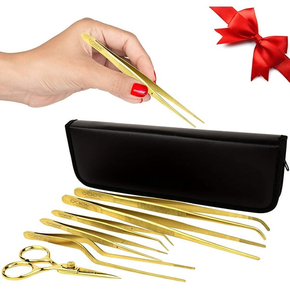 O'Creme Set of Culinary Tweezer Tongs Offset, Straight and Curved, Plus Super Sharp Chef Scissors, Total 6 Pieces Gold