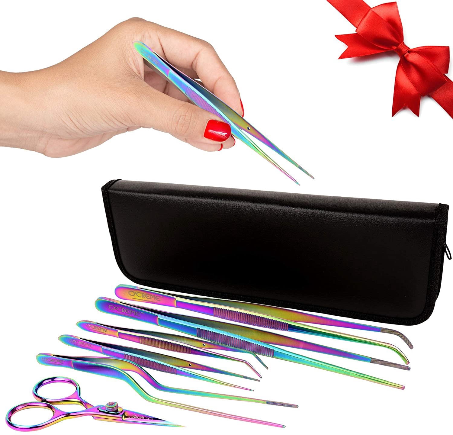 O'Creme Set of Culinary Tweezer Tongs Offset, Straight and Curved, Plus Super Sharp Chef Scissors, Total 6 Pieces Multicolored