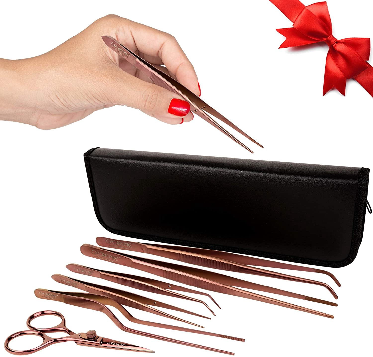 O'Creme Set of Culinary Tweezer Tongs Offset, Straight and Curved, Plus Super Sharp Chef Scissors, Total 6 Pieces Rose Gold