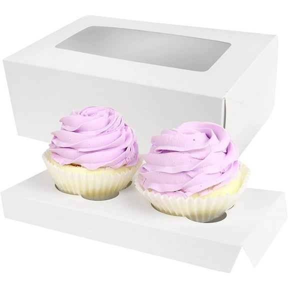O'Creme White Rectangular Cupcake Box 8 Inch x 4 Inch x 4 Inch High with Window and Insert for 2 Cupcakes - Pack of 5
