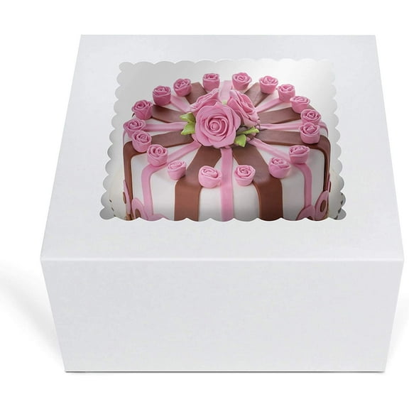 O'Creme White Square Cake Box 10 x 10 x 5 Inch, with Scalloped Window, Kraft Paperboard Bakery Box with Auto-Popup Window - Pack of 5