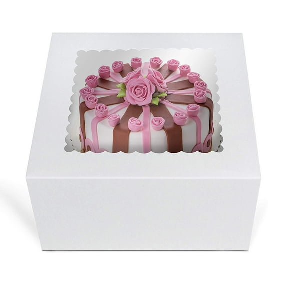 O'Creme White Square Cake Box 8 x 8 x 5 Inch, with Scalloped Window, Kraft Paperboard Bakery Box with Auto-Popup Window - Pack of 25