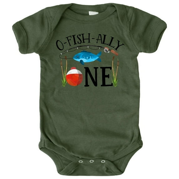O-Fish-Ally- ONE Boys 1st Birthday Bodysuit for Baby Boys Fishing First Birthday Outfit Military Green Bodysuit