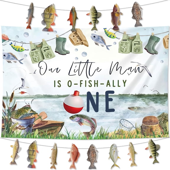 O Fish Ally One Fishing Themed Anniversary Decor Set Nautical Party Backdrop And Fish Hanging Banner For Backyard Outdoor And Home Anniversary Celebrations