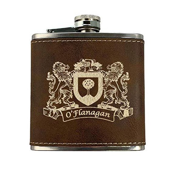 O'Flanagan Irish Coat of Arms Leather Flask - Rustic Brown