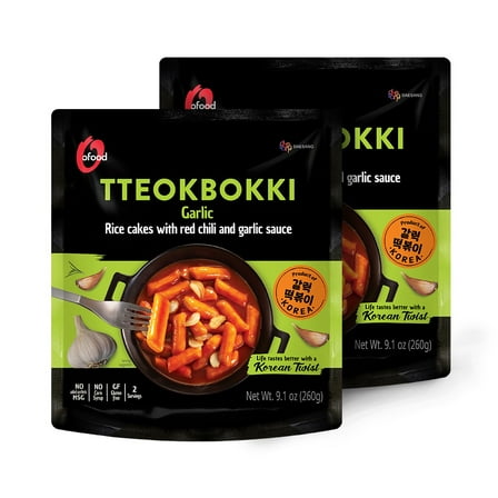C O'Food Garlic Tteokbokki, Gluten-Free Korean Rice Cakes, Authentic Spicy Korean Street Food Snack, Perfect with Cheese and Ramen Noodles, Ready to Eat, No MSG, No Corn Syrup, Pack of 2