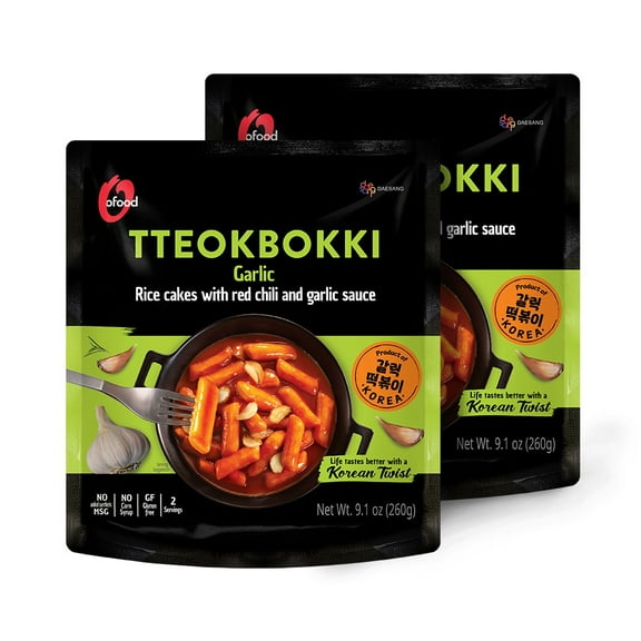 C O'Food Garlic Tteokbokki, Gluten-Free Korean Rice Cakes, Authentic Spicy Korean Street Food Snack, Perfect with Cheese and Ramen Noodles, Ready to Eat, No MSG, No Corn Syrup, Pack of 2