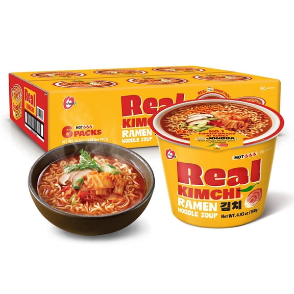 OFood Instant Ramen Cup [ORIGINAL KIMCHI | 6 CUPS per Pack]  Healthy, Bold & Tangy | Korean Spicy Noodle Soup with Real Kimchi | No Artificial Additives/ Colors | No Trans Fat