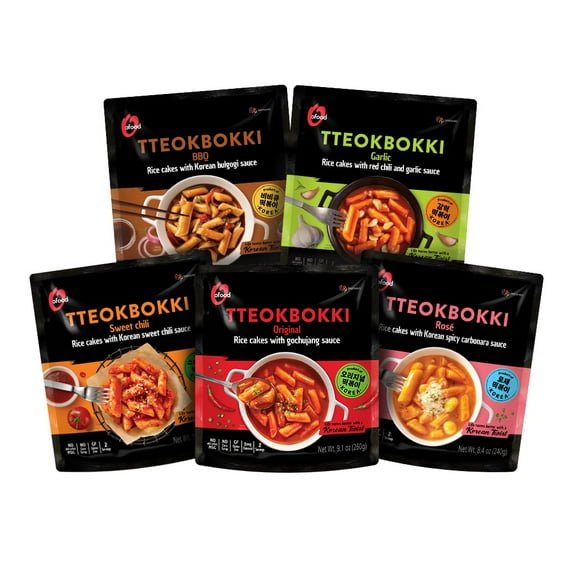 O'Food Tteokbokki Korean Rice Cakes Variety Pack, Authentic Instant Spicy Korean Street Food Snack, Ready to Eat, No MSG, No Corn Syrup (Variety Pack (Pack of 5))