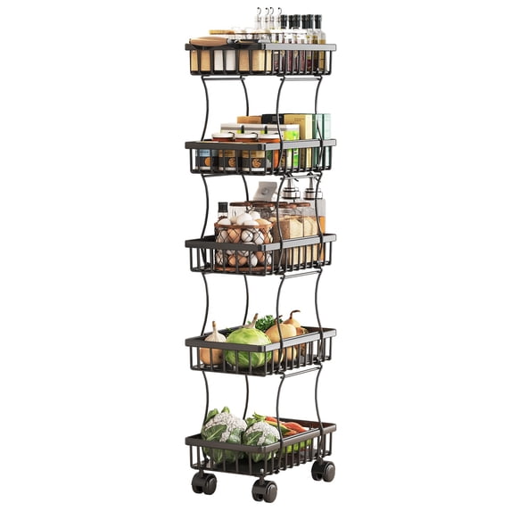 O'Force 5 Tier Rotating Wheels Fruit Vegetable Basket for Kitchen, Fruit Vegetable Storage Cart, Vegetable Basket Bins, Wire Storage Basket Organizer Utility Cart, Black