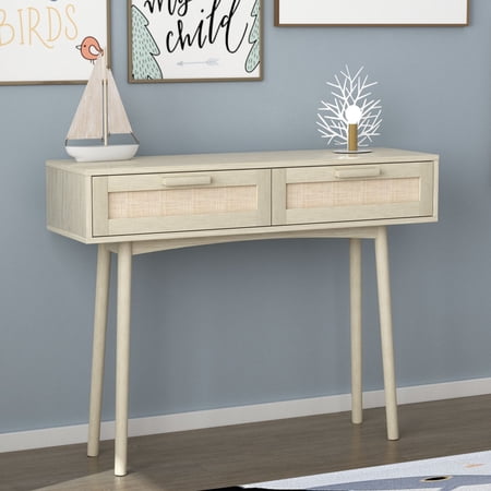 O’Force Rattan Console Table - Entryway Table with 2 Drawers - Farmhouse Style Sofa Table and Accent End Table - Behind Couch Table - Narrow Long Table with Storage for Hallway Living Room Bedroom - N