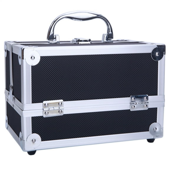 O'Force SM-2176 Aluminum Makeup Train Case Jewelry Box Cosmetic Organizer with Mirror 9"x6"x6" Black