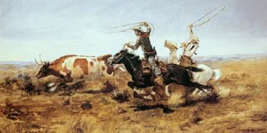 O H Cowboys Roping a Steer Canvas Art - Charles M Russell (24 x 48)