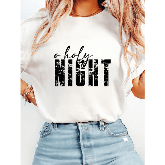 O HOLY NIGHT Letter Print Tshirts for Women & Men Christian Faith Graphic Tees Inspirational Casual Shirts Short Sleeve Tops for Daily Outfits White,L